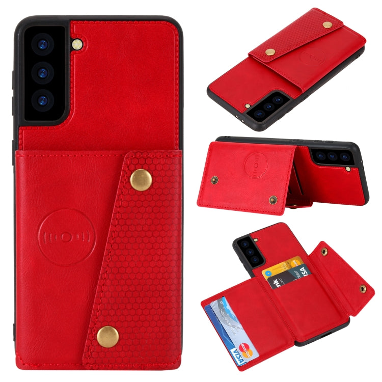 For Samsung Galaxy S21 5G Double Buckle PU + TPU Shockproof Magnetic Protective Case with Card Slot & Holder