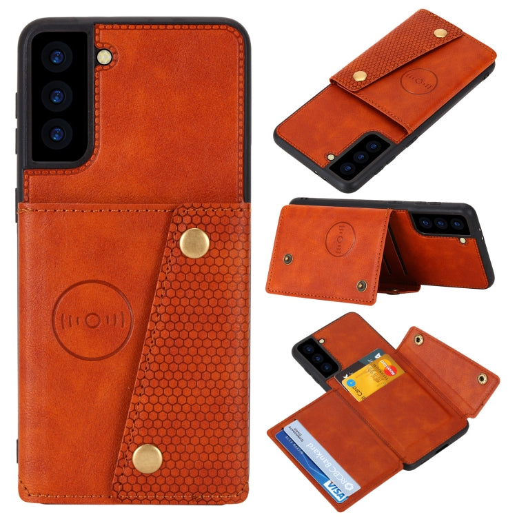 For Samsung Galaxy S21+ 5G Double Buckle PU + TPU Shockproof Magnetic Protective Case with Card Slot & Holder