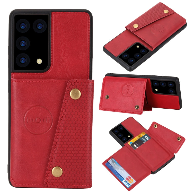 For Samsung Galaxy S21 Ultra 5G Double Buckle PU + TPU Shockproof Magnetic Protective Case with Card Slot & Holder