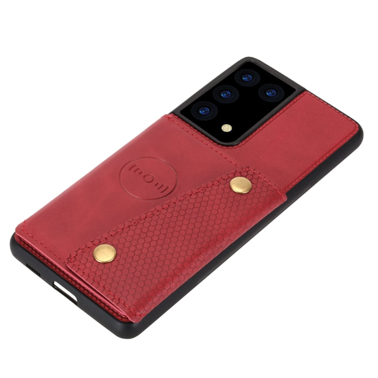 For Samsung Galaxy S21 Ultra 5G Double Buckle PU + TPU Shockproof Magnetic Protective Case with Card Slot & Holder