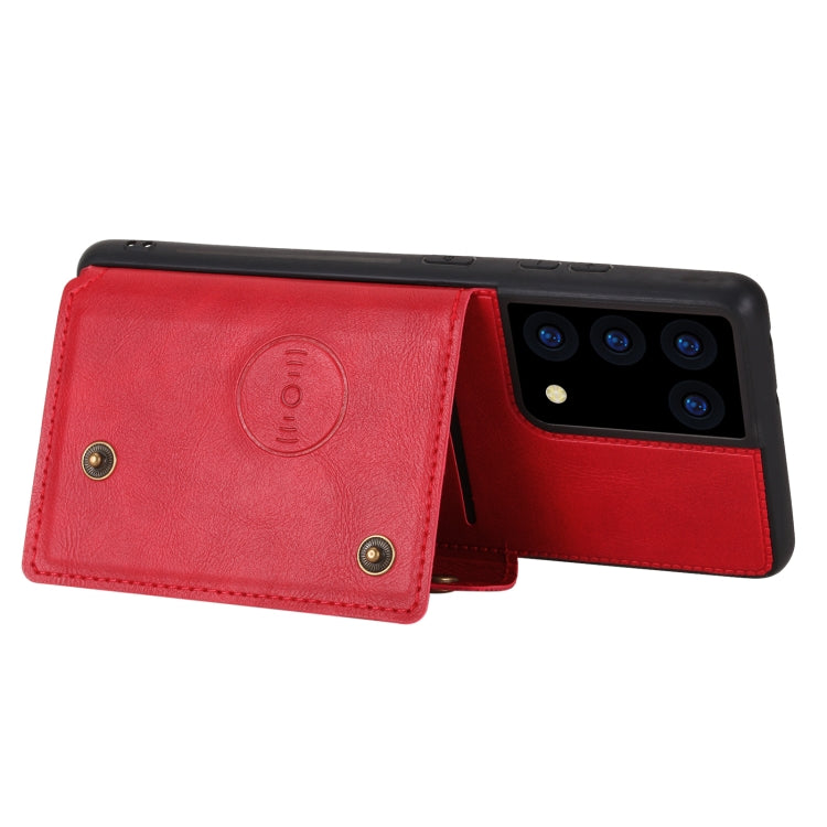 For Samsung Galaxy S21 Ultra 5G Double Buckle PU + TPU Shockproof Magnetic Protective Case with Card Slot & Holder