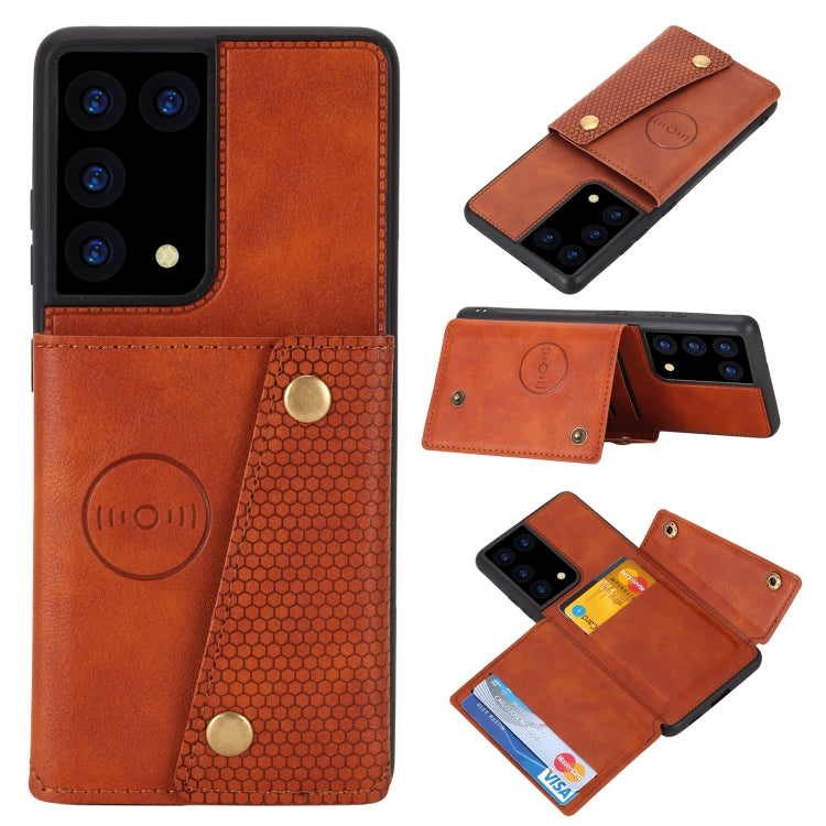 For Samsung Galaxy S21 Ultra 5G Double Buckle PU + TPU Shockproof Magnetic Protective Case with Card Slot & Holder