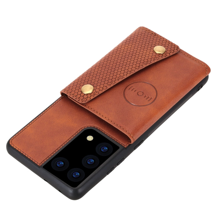 For Samsung Galaxy S21 Ultra 5G Double Buckle PU + TPU Shockproof Magnetic Protective Case with Card Slot & Holder