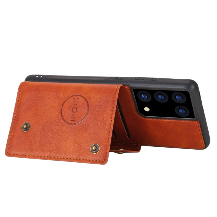 For Samsung Galaxy S21 Ultra 5G Double Buckle PU + TPU Shockproof Magnetic Protective Case with Card Slot & Holder