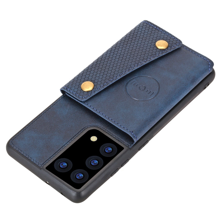 For Samsung Galaxy S21 Ultra 5G Double Buckle PU + TPU Shockproof Magnetic Protective Case with Card Slot & Holder