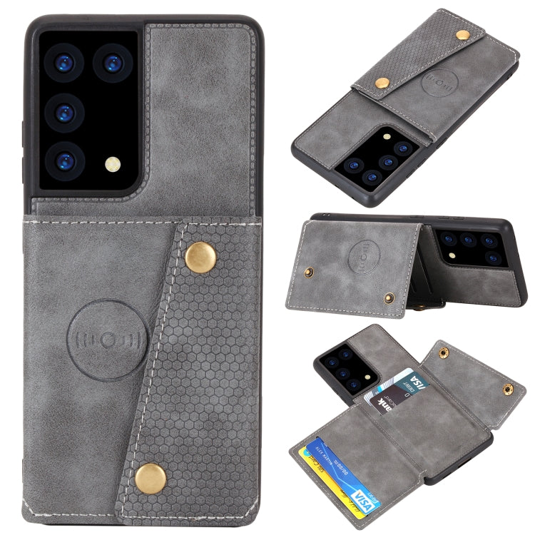 For Samsung Galaxy S21 Ultra 5G Double Buckle PU + TPU Shockproof Magnetic Protective Case with Card Slot & Holder