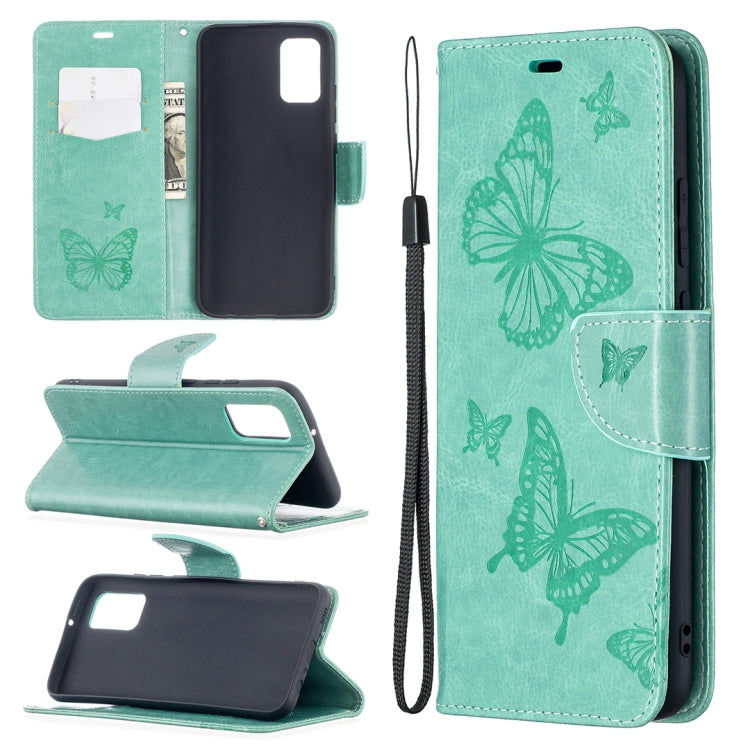For Samsung Galaxy A02s (EU Version) Embossing Two Butterflies Pattern Horizontal Flip PU Leather Case with Holder & Card Slot & Wallet & Lanyard