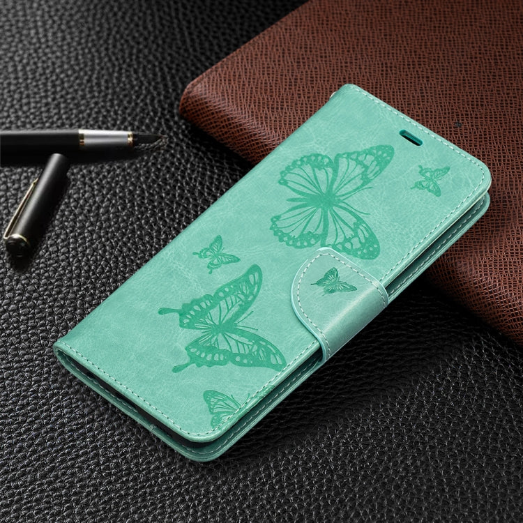 For Samsung Galaxy A02s (EU Version) Embossing Two Butterflies Pattern Horizontal Flip PU Leather Case with Holder & Card Slot & Wallet & Lanyard