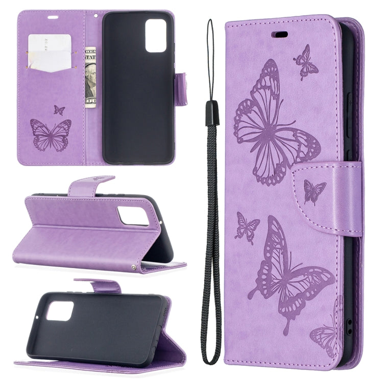For Samsung Galaxy A02s (EU Version) Embossing Two Butterflies Pattern Horizontal Flip PU Leather Case with Holder & Card Slot & Wallet & Lanyard