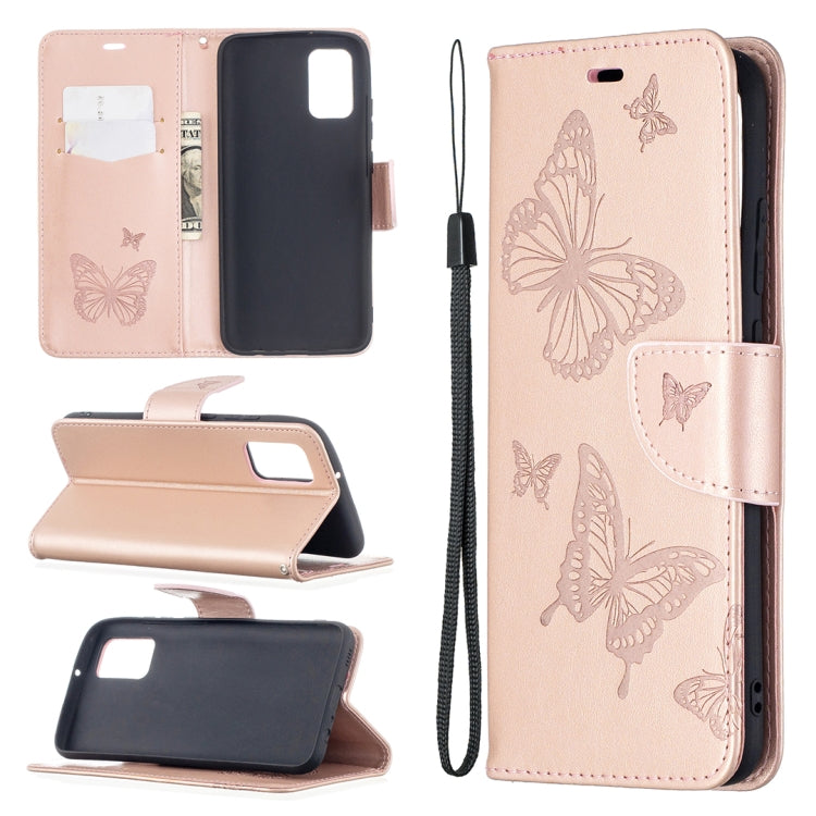 For Samsung Galaxy A02s (EU Version) Embossing Two Butterflies Pattern Horizontal Flip PU Leather Case with Holder & Card Slot & Wallet & Lanyard
