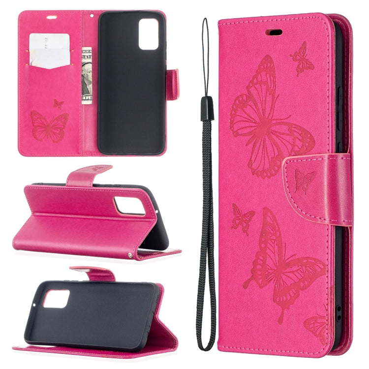 For Samsung Galaxy A02s (EU Version) Embossing Two Butterflies Pattern Horizontal Flip PU Leather Case with Holder & Card Slot & Wallet & Lanyard