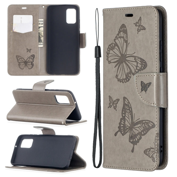 For Samsung Galaxy A02s (EU Version) Embossing Two Butterflies Pattern Horizontal Flip PU Leather Case with Holder & Card Slot & Wallet & Lanyard
