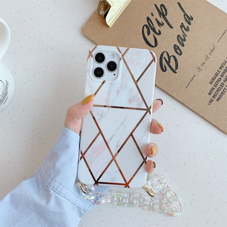 For iPhone 11 Pro Max Electroplating Splicing Geometric Pattern TPU Protective Case with Chain Strap