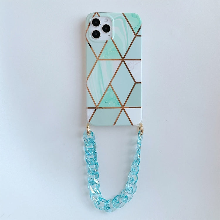For iPhone 11 Pro Max Electroplating Splicing Geometric Pattern TPU Protective Case with Chain Strap