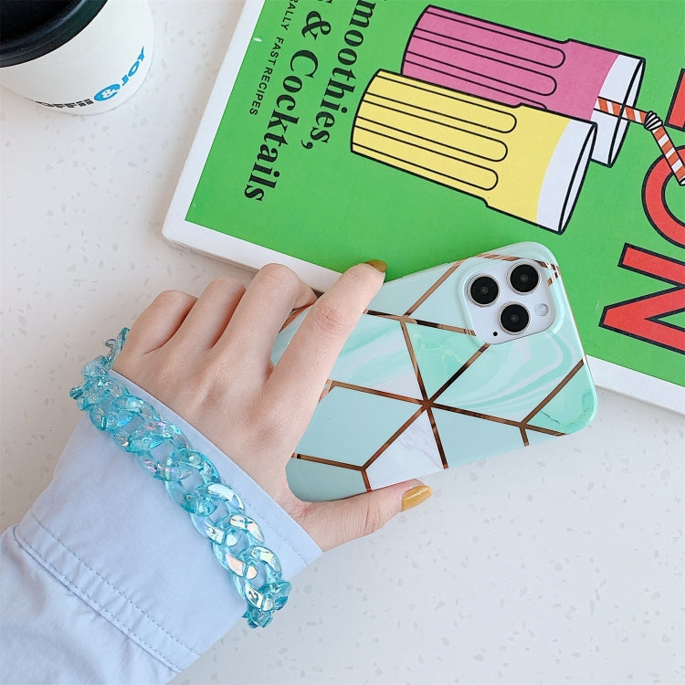 For iPhone 11 Pro Max Electroplating Splicing Geometric Pattern TPU Protective Case with Chain Strap