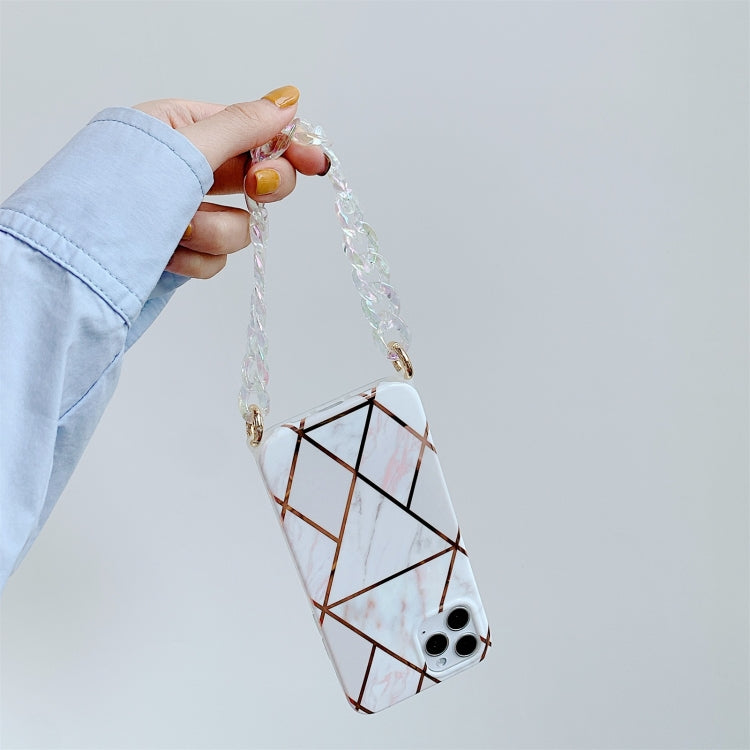 For iPhone 11 Pro Max Electroplating Splicing Geometric Pattern TPU Protective Case with Chain Strap