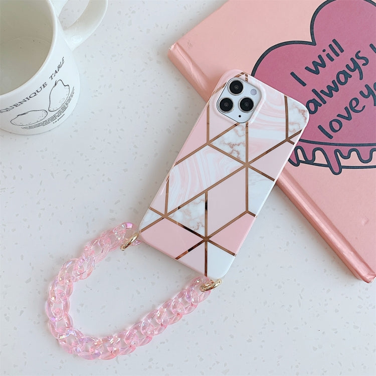 For iPhone 12 / 12 Pro Electroplating Splicing Geometric Pattern TPU Protective Case with Chain Strap