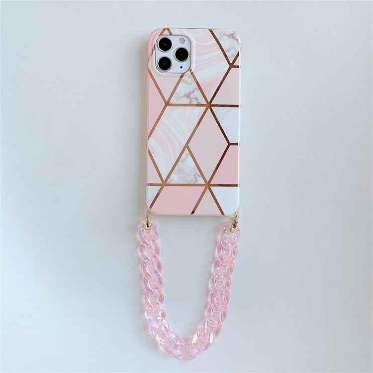 For iPhone 12 / 12 Pro Electroplating Splicing Geometric Pattern TPU Protective Case with Chain Strap