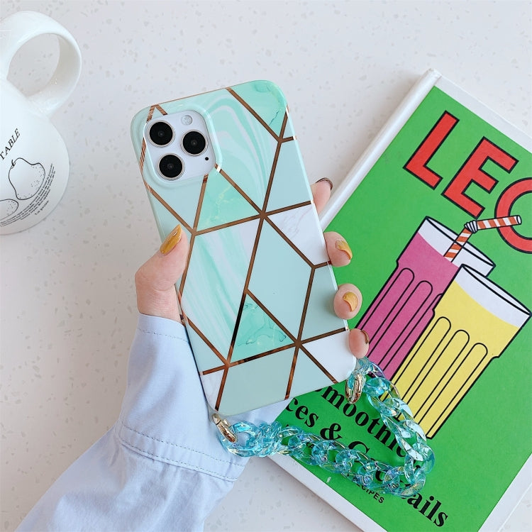 For iPhone 12 / 12 Pro Electroplating Splicing Geometric Pattern TPU Protective Case with Chain Strap