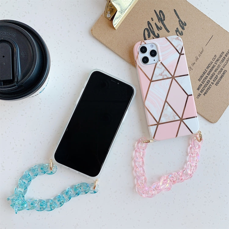 For iPhone 12 Pro Max Electroplating Splicing Geometric Pattern TPU Protective Case with Chain Strap