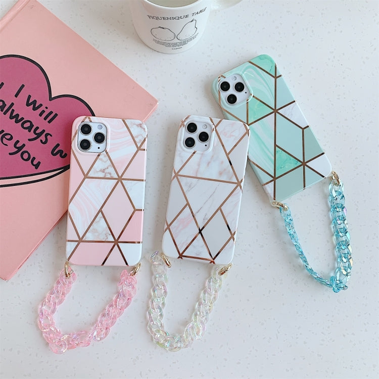 For iPhone 12 Pro Max Electroplating Splicing Geometric Pattern TPU Protective Case with Chain Strap