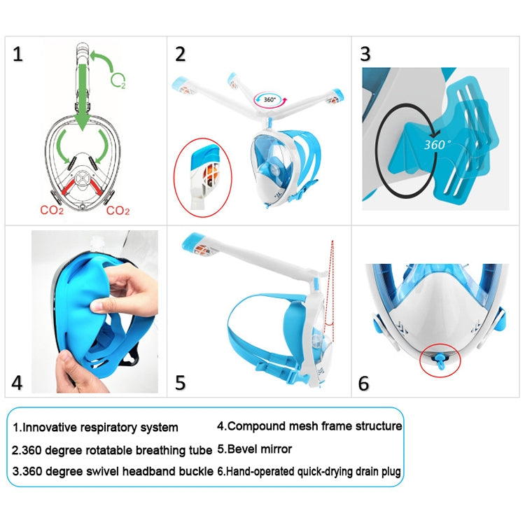 360 Degree Rotation Long Snorkel Anti-vertigo Anti-fog Large View Full Dry Diving Nask, Size: S / M