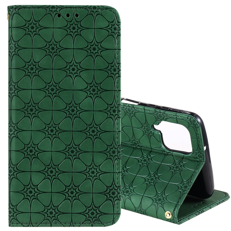 For Samsung Galaxy A12 Lucky Flowers Embossing Pattern Magnetic Horizontal Flip Leather Case with Holder & Card Slots