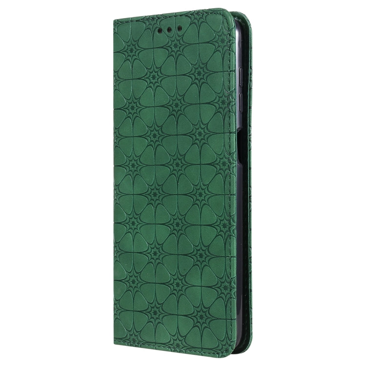 For Samsung Galaxy A12 Lucky Flowers Embossing Pattern Magnetic Horizontal Flip Leather Case with Holder & Card Slots