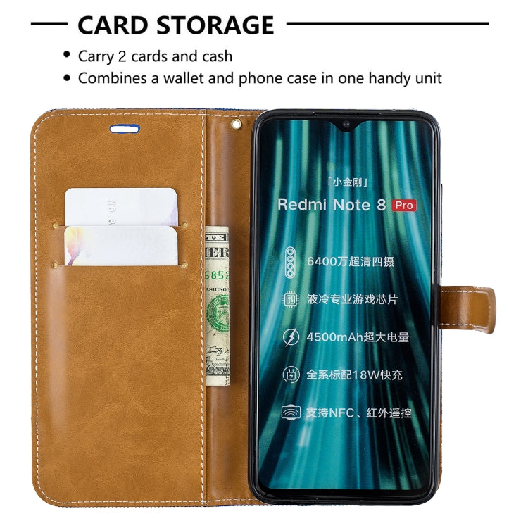 For Xiaomi Redmi Note 8 Pro Color Matching Denim Texture Horizontal Flip Leather Case with Holder & Card Slots & Wallet & Lanyard