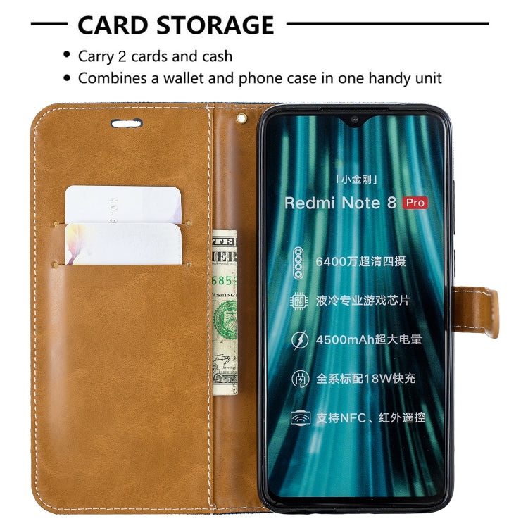 For Xiaomi Redmi Note 8 Pro Color Matching Denim Texture Horizontal Flip Leather Case with Holder & Card Slots & Wallet & Lanyard