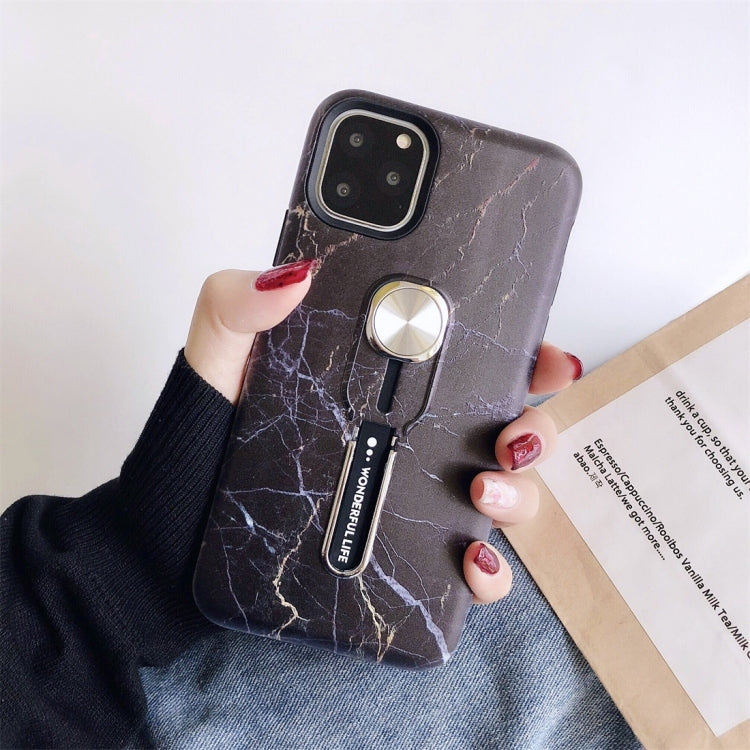 For iPhone 11 Marble Shockproof Multi-functional Invisible Ring Holder Protective Case with Vehicle Magnetic Sheet
