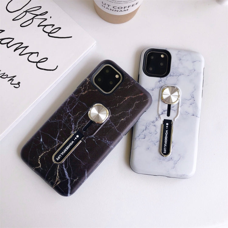 For iPhone 11 Pro Max Marble Shockproof Multi-functional Invisible Ring Holder Protective Case with Vehicle Magnetic Sheet