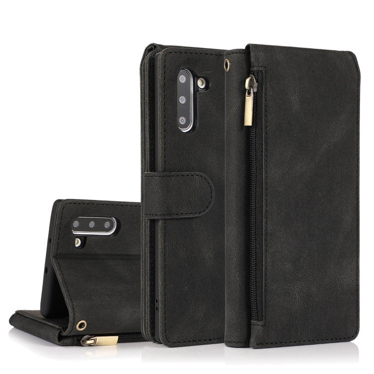 For Samsung Galaxy Note10 Skin-feel Crazy Horse Texture Zipper Wallet Bag Horizontal Flip Leather Case with Holder & Card Slots & Wallet & Lanyard