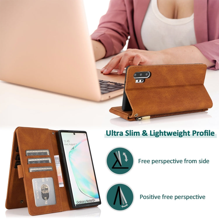 For Samsung Galaxy Note10+ Skin-feel Crazy Horse Texture Zipper Wallet Bag Horizontal Flip Leather Case with Holder & Card Slots & Wallet & Lanyard
