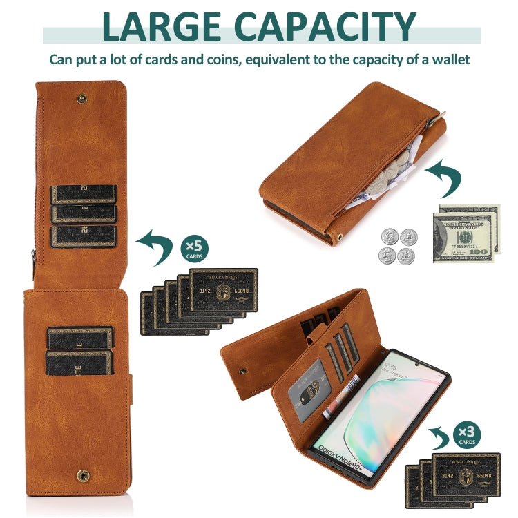 For Samsung Galaxy Note10+ Skin-feel Crazy Horse Texture Zipper Wallet Bag Horizontal Flip Leather Case with Holder & Card Slots & Wallet & Lanyard