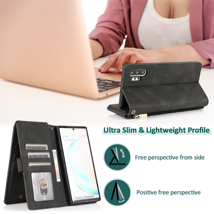 For Samsung Galaxy Note10+ Skin-feel Crazy Horse Texture Zipper Wallet Bag Horizontal Flip Leather Case with Holder & Card Slots & Wallet & Lanyard