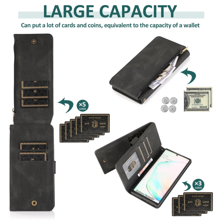 For Samsung Galaxy Note10+ Skin-feel Crazy Horse Texture Zipper Wallet Bag Horizontal Flip Leather Case with Holder & Card Slots & Wallet & Lanyard