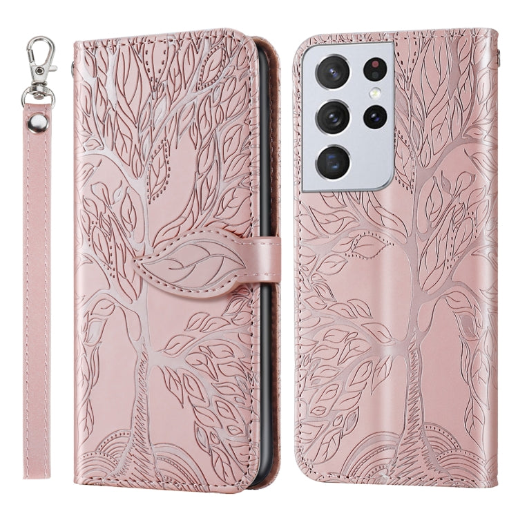 For Samsung Galaxy S21 Ultra 5G Life of Tree Embossing Pattern Horizontal Flip Leather Case with Holder & Card Slot & Wallet & Photo Frame & Lanyard