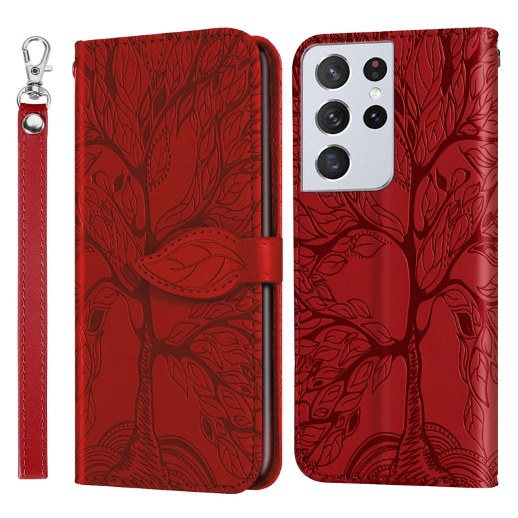For Samsung Galaxy S21 Ultra 5G Life of Tree Embossing Pattern Horizontal Flip Leather Case with Holder & Card Slot & Wallet & Photo Frame & Lanyard