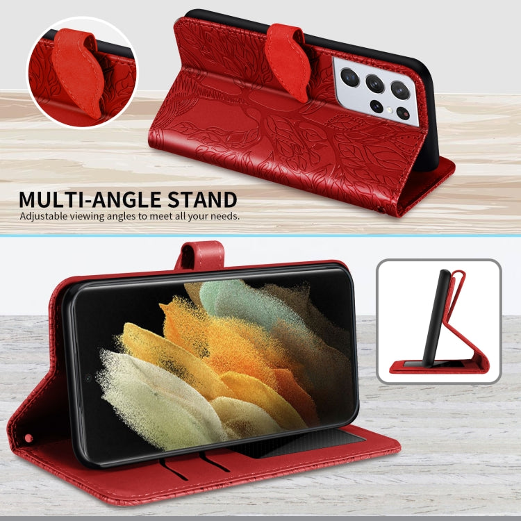 For Samsung Galaxy S21 Ultra 5G Life of Tree Embossing Pattern Horizontal Flip Leather Case with Holder & Card Slot & Wallet & Photo Frame & Lanyard