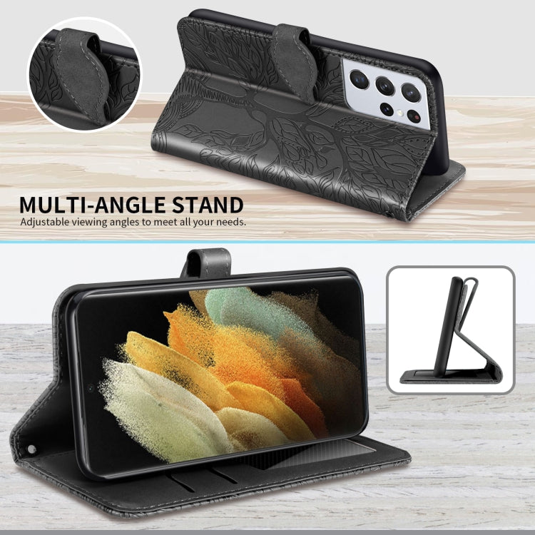 For Samsung Galaxy S21 Ultra 5G Life of Tree Embossing Pattern Horizontal Flip Leather Case with Holder & Card Slot & Wallet & Photo Frame & Lanyard