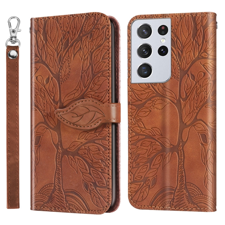 For Samsung Galaxy S21 Ultra 5G Life of Tree Embossing Pattern Horizontal Flip Leather Case with Holder & Card Slot & Wallet & Photo Frame & Lanyard