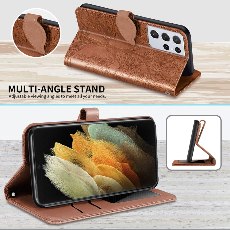 For Samsung Galaxy S21 Ultra 5G Life of Tree Embossing Pattern Horizontal Flip Leather Case with Holder & Card Slot & Wallet & Photo Frame & Lanyard
