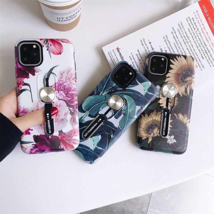 For iPhone 11 Flower Series Painting Shockproof Multi-functional Invisible Ring Holder Protective Case with Vehicle Magnetic Sheet