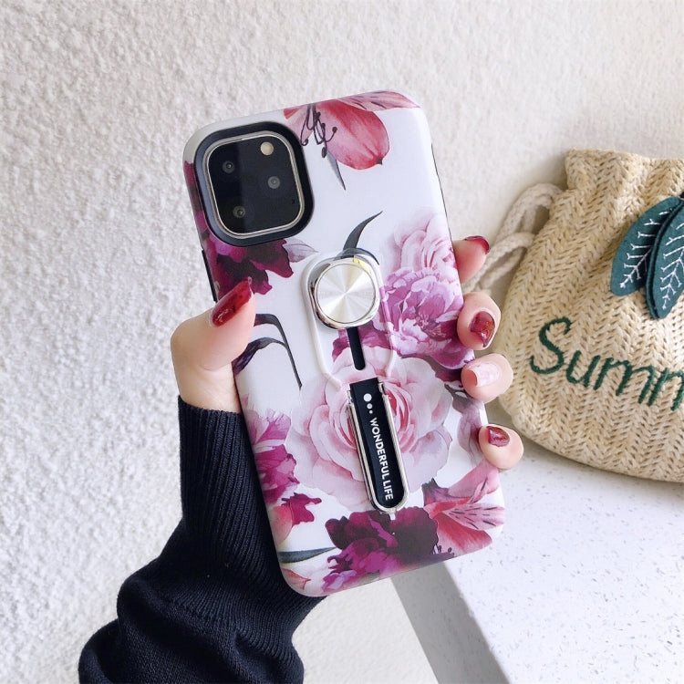 For iPhone 11 Flower Series Painting Shockproof Multi-functional Invisible Ring Holder Protective Case with Vehicle Magnetic Sheet