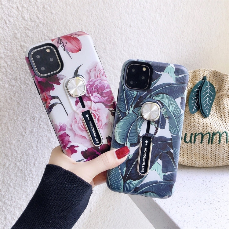 For iPhone 11 Flower Series Painting Shockproof Multi-functional Invisible Ring Holder Protective Case with Vehicle Magnetic Sheet