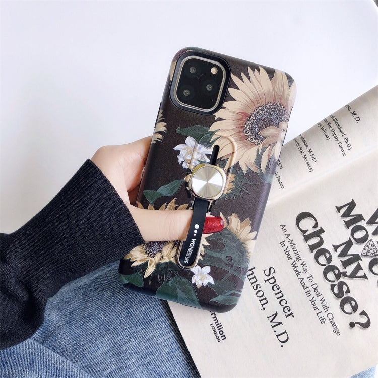 For iPhone 11 Pro Max Flower Series Painting Shockproof Multi-functional Invisible Ring Holder Protective Case with Vehicle Magnetic Sheet