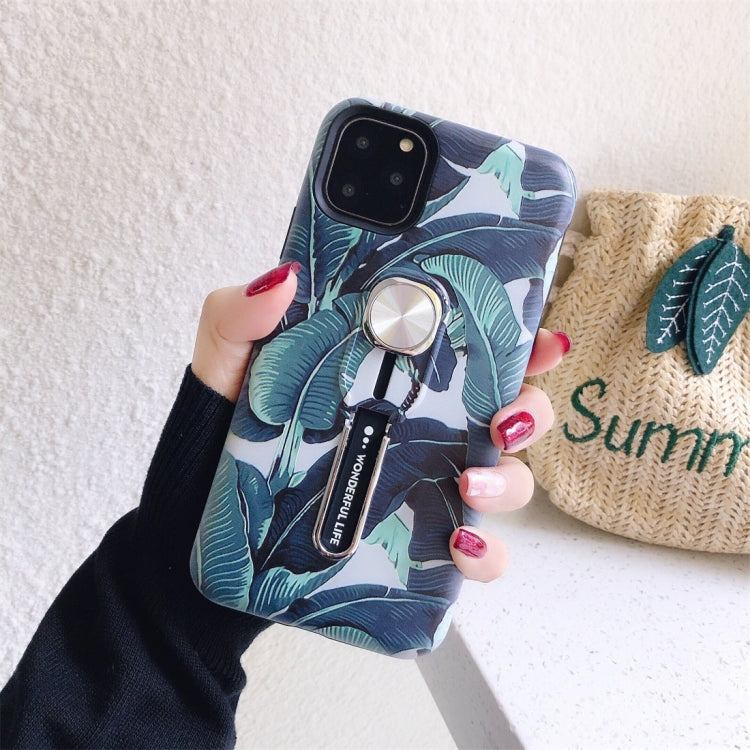 For iPhone 11 Pro Max Flower Series Painting Shockproof Multi-functional Invisible Ring Holder Protective Case with Vehicle Magnetic Sheet