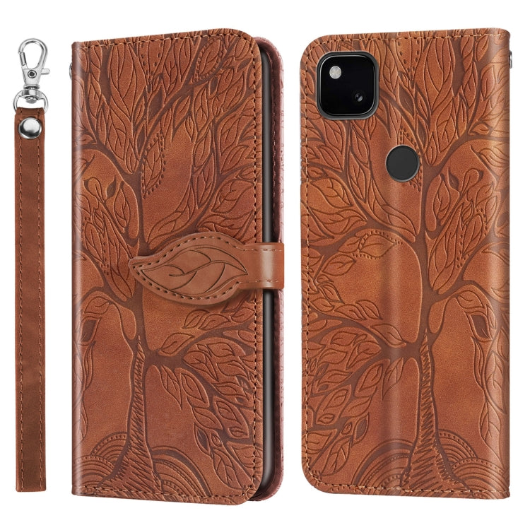 For Google Pixel 4a Life of Tree Embossing Pattern Horizontal Flip Leather Case with Holder & Card Slot & Wallet & Photo Frame & Lanyard