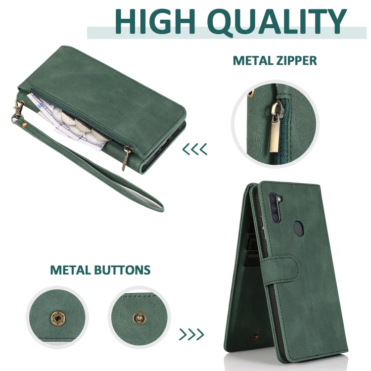 For Samsung Galaxy A11 Skin-feel Crazy Horse Texture Zipper Wallet Bag Horizontal Flip Leather Case with Holder & Card Slots & Wallet & Lanyard